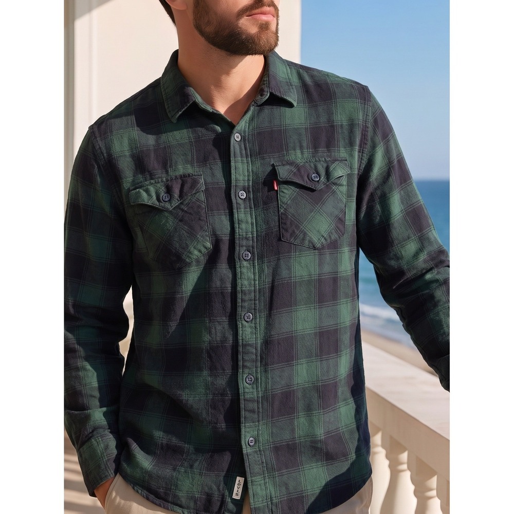 Levis Flannel Shirt Plaid Button Down Large Green Blue Cotton Excellent Rugged